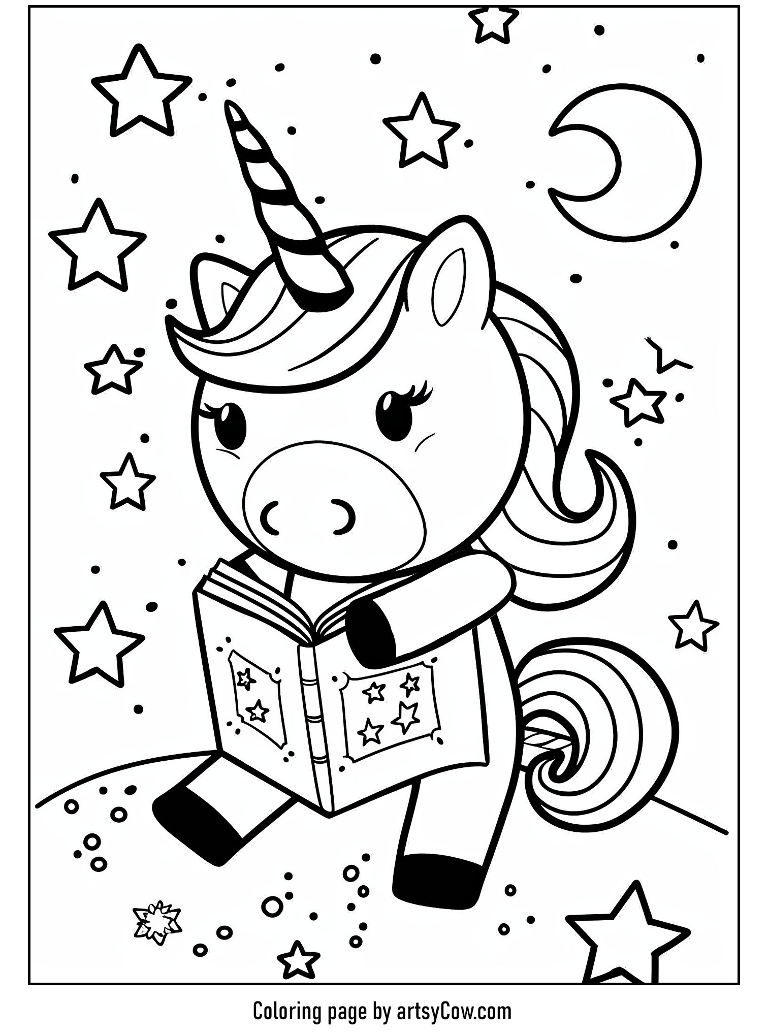 a whimsical unicorn absorbed in reading a magical star-patterned book